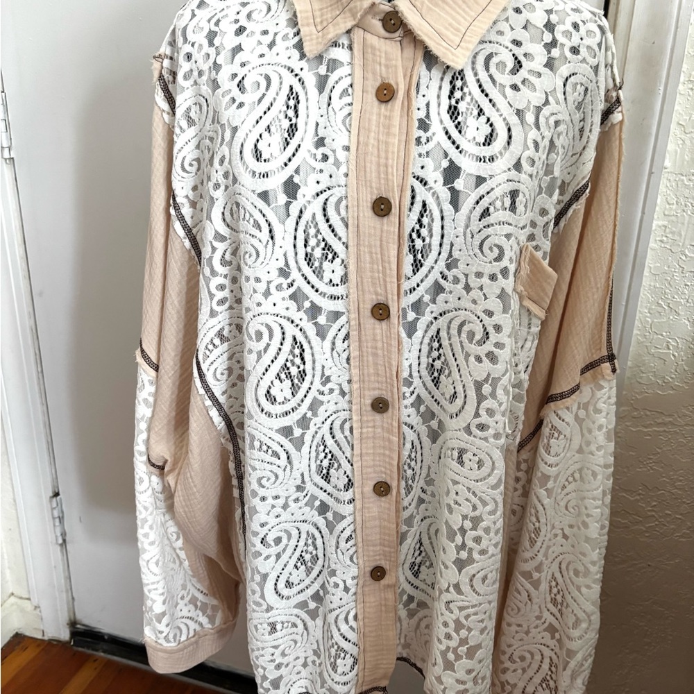 Boho Boutique Lace Women's Plus 3X Cotton Patchwork Tunic Cream WHT